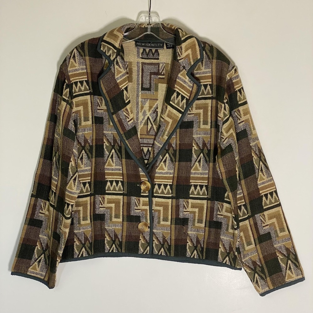 New Identity Blazer Womens Large Brown Geometric Tribal Cotton Button Front